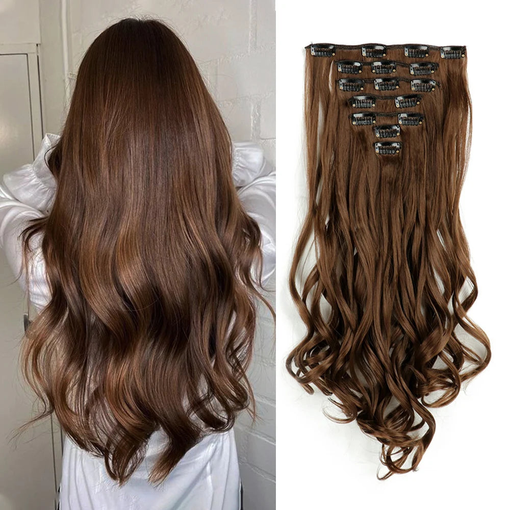 Clip In Hair Extensions 7 PCS Full Head 22 Inch Long Curly Wavy Synthetic Hair Pieces Natural Wavy For Women Girls Hair