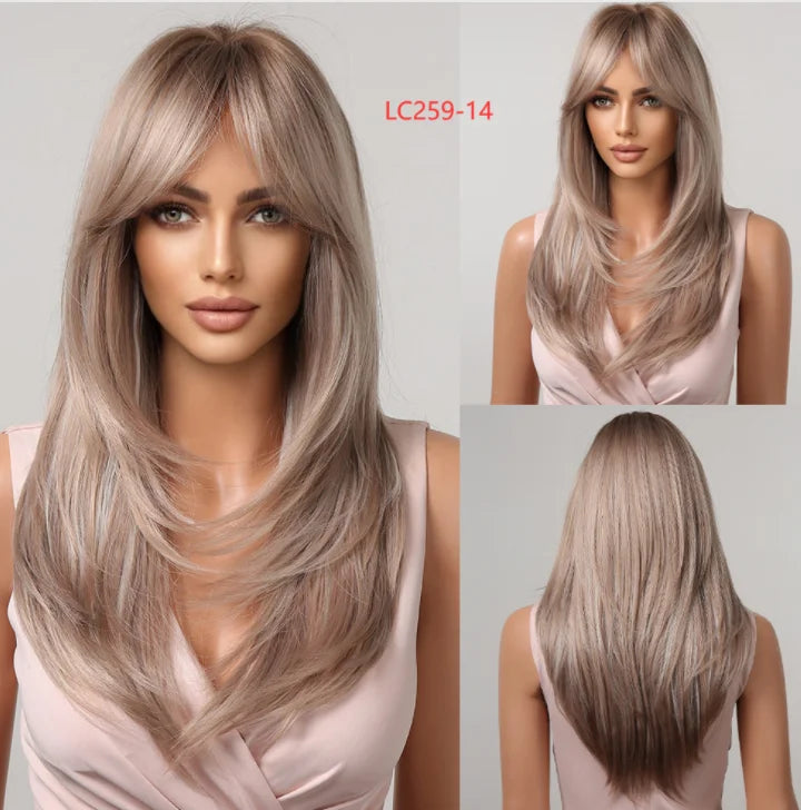 Element Synthetic Fiber Wigs for Women Long Straight Wavy Brown Blonde Wig with Bangs Heat Resistant Fashion Natural Daily Party