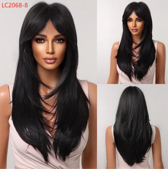 Element Synthetic Fiber Wigs for Women Long Straight Wavy Brown Blonde Wig with Bangs Heat Resistant Fashion Natural Daily Party