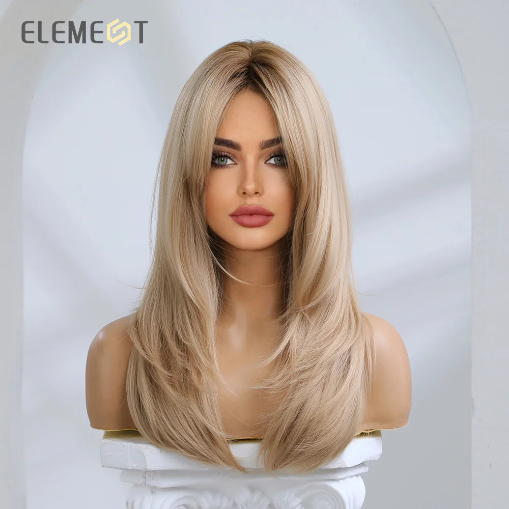 Element Synthetic Fiber Wigs for Women Long Straight Wavy Brown Blonde Wig with Bangs Heat Resistant Fashion Natural Daily Party