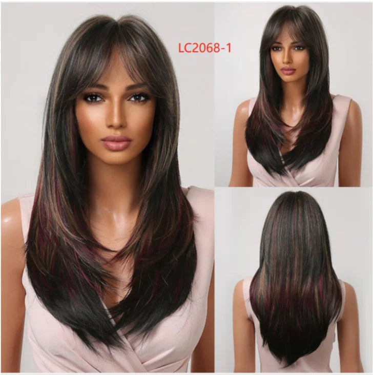 Element Synthetic Fiber Wigs for Women Long Straight Wavy Brown Blonde Wig with Bangs Heat Resistant Fashion Natural Daily Party