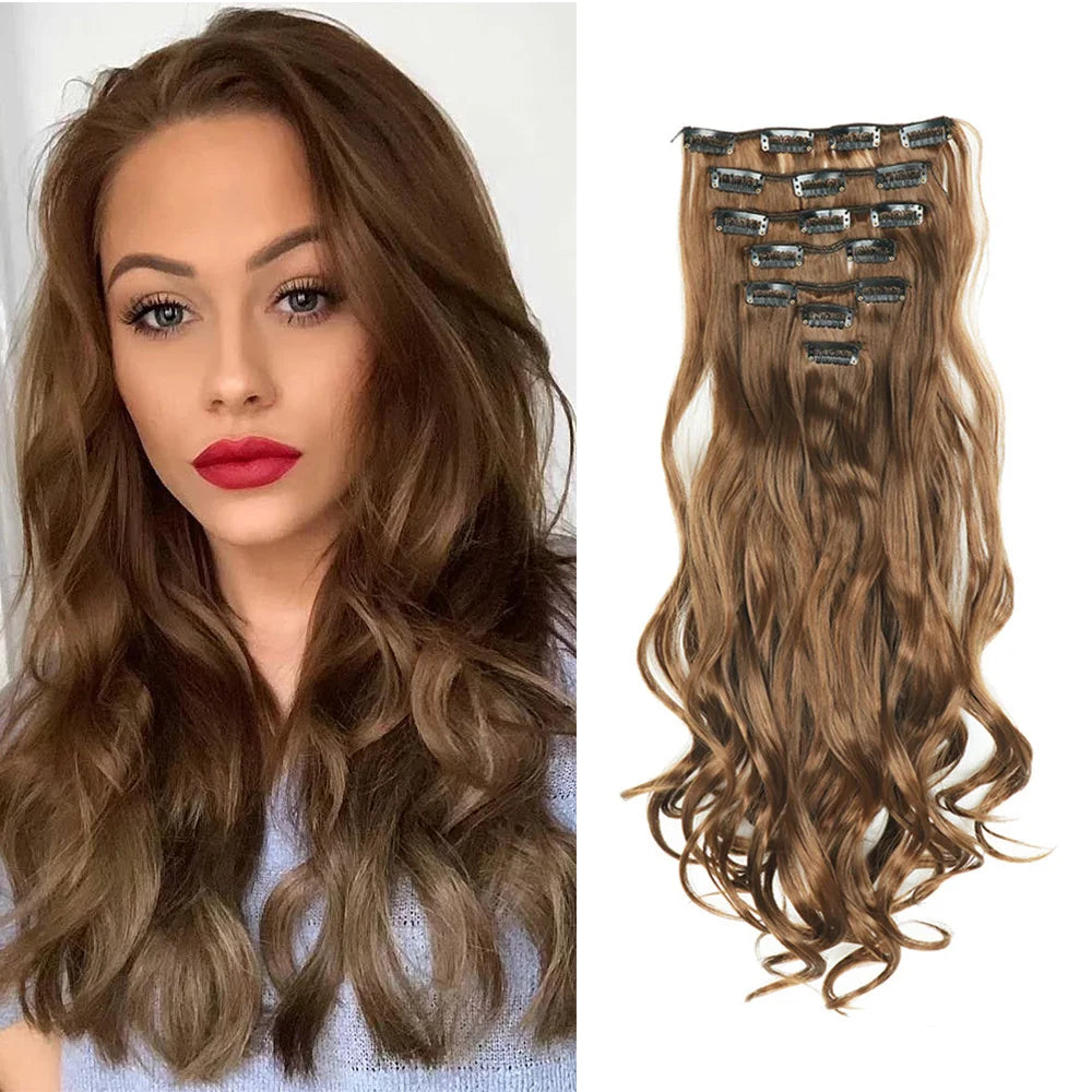 Clip In Hair Extensions 7 PCS Full Head 22 Inch Long Curly Wavy Synthetic Hair Pieces Natural Wavy For Women Girls Hair