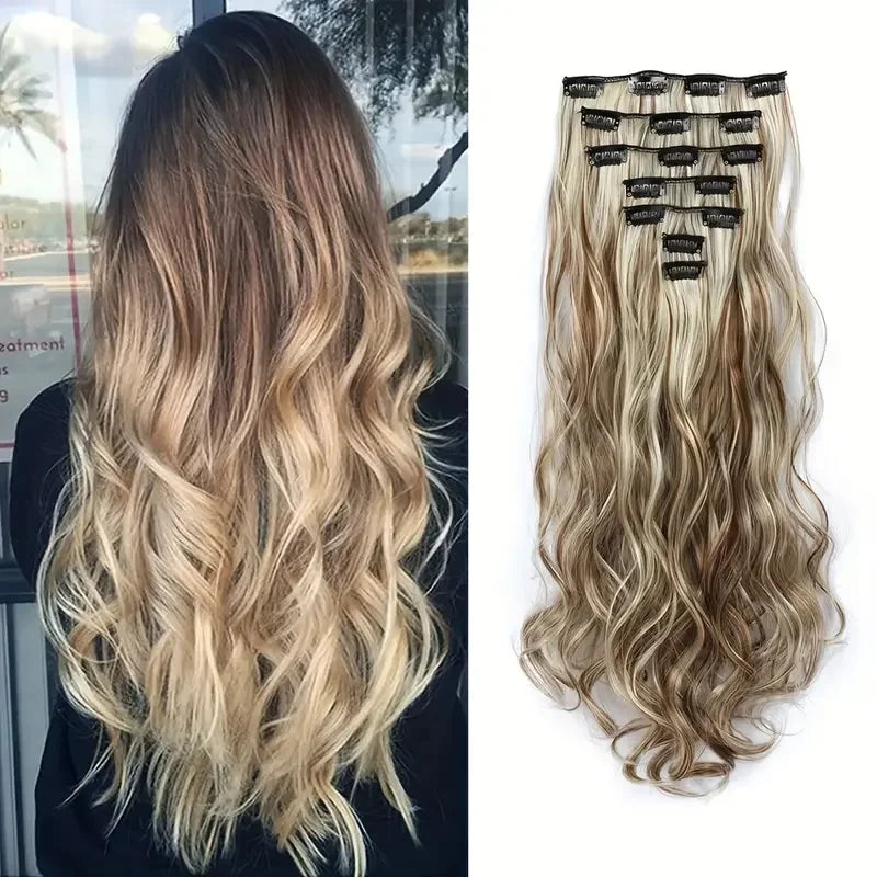 Clip In Hair Extensions 7 PCS Full Head 22 Inch Long Curly Wavy Synthetic Hair Pieces Natural Wavy For Women Girls Hair