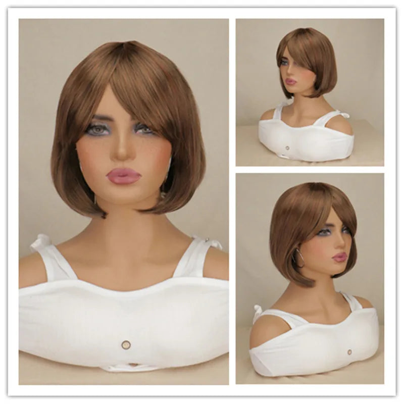 Short Bob Striaight Women Girls Wigs Natrual Black Light Brown Dark Brown Heat Resistant Synthetic Hair Wigs