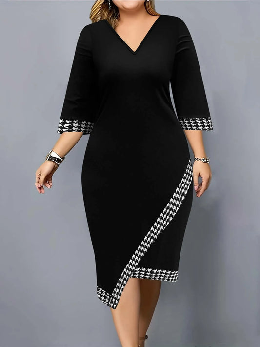 Plus Size Women's Elegant Dress Thousand Birds Grid V-Neck Half-Sleeve Slim-fit Version Fashion Black Women's Clothing