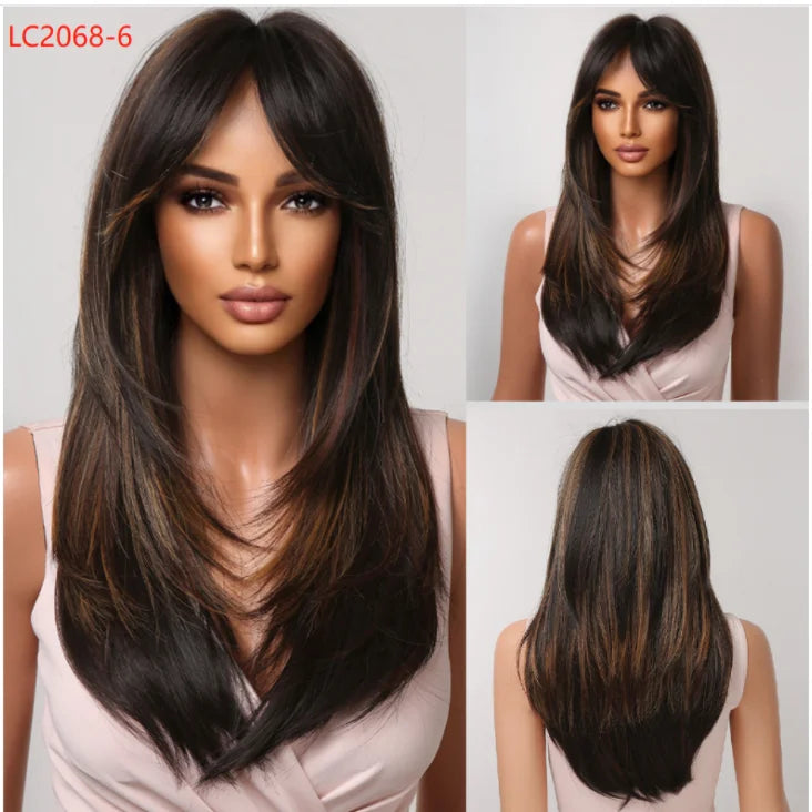 Element Synthetic Fiber Wigs for Women Long Straight Wavy Brown Blonde Wig with Bangs Heat Resistant Fashion Natural Daily Party