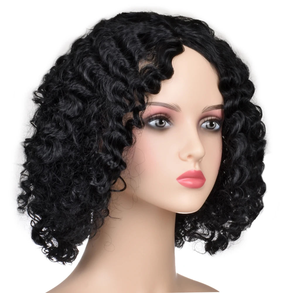 Short Afro Curly Bob Synthesis Hair Wigs With Bangs For Women Brazilian Remy Hair Wear and Go Natural Brown Kinky Curly Wigs