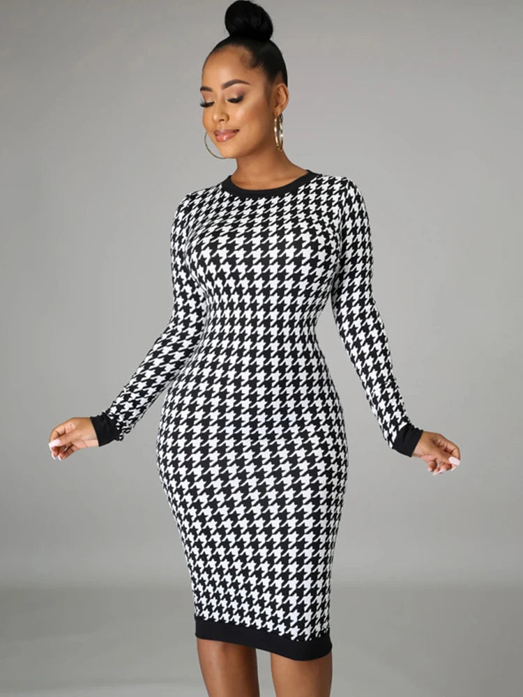 Houndstooth Print Women Long Sleeve Midi Dress Hollow Out Bodycon Sexy Streetwear 2023 Autumn Winter Club Elegant Slim