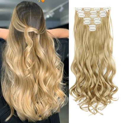 Clip In Hair Extensions 7 PCS Full Head 22 Inch Long Curly Wavy Synthetic Hair Pieces Natural Wavy For Women Girls Hair