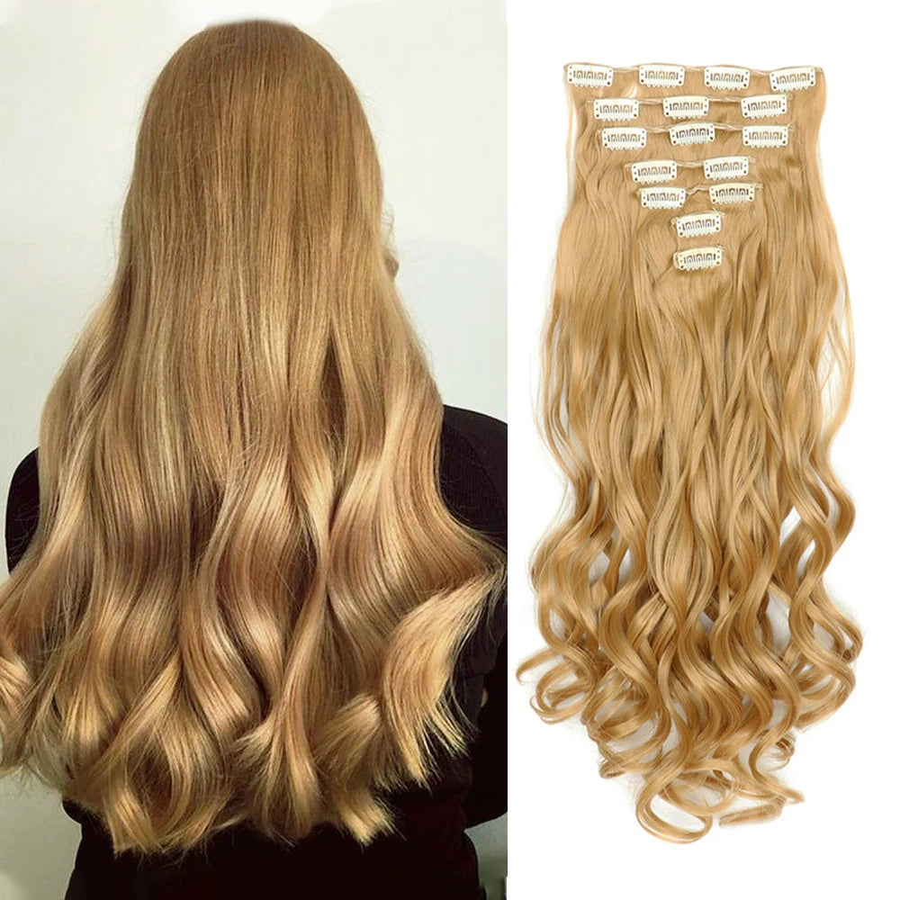 Clip In Hair Extensions 7 PCS Full Head 22 Inch Long Curly Wavy Synthetic Hair Pieces Natural Wavy For Women Girls Hair