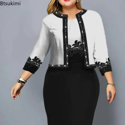 2024 Women's Elegant Digital Print 2 Piece Dress Set O-Neck Slim Fit Pencil Dress+O-Neck 3/4 Sleeve Short Coat Female Dress Sets