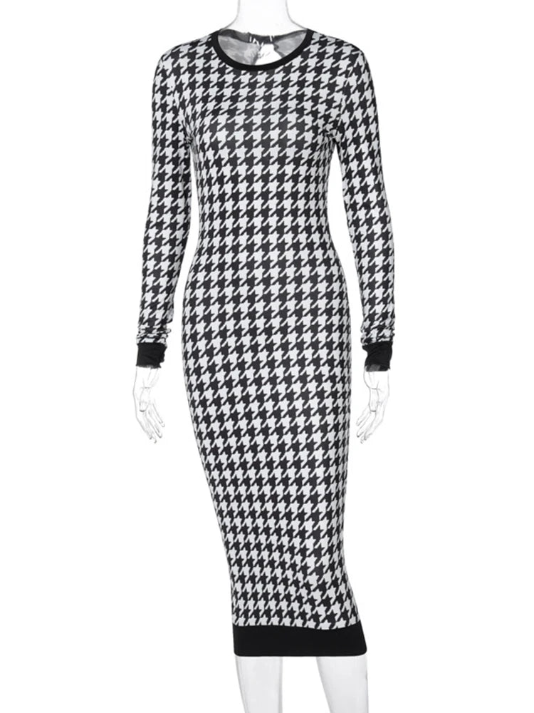 Houndstooth Print Women Long Sleeve Midi Dress Hollow Out Bodycon Sexy Streetwear 2023 Autumn Winter Club Elegant Slim