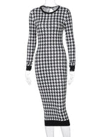 Houndstooth Print Women Long Sleeve Midi Dress Hollow Out Bodycon Sexy Streetwear 2023 Autumn Winter Club Elegant Slim