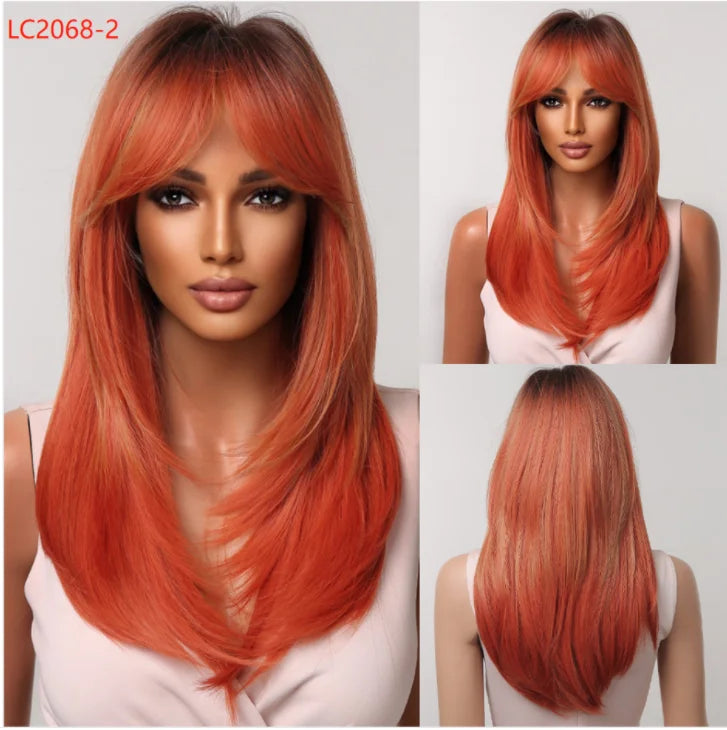 Element Synthetic Fiber Wigs for Women Long Straight Wavy Brown Blonde Wig with Bangs Heat Resistant Fashion Natural Daily Party