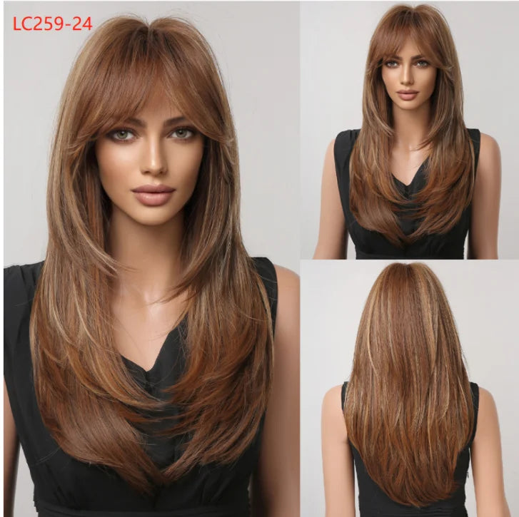 Element Synthetic Fiber Wigs for Women Long Straight Wavy Brown Blonde Wig with Bangs Heat Resistant Fashion Natural Daily Party