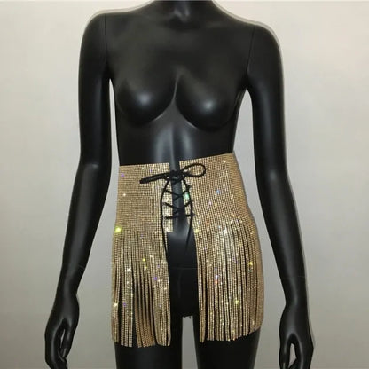 Rhinestone Lace Up High Waist Mini Skirt