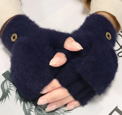 Plush Gloves Female Winter Warm Student Exposed Finger Flip Gloves Household