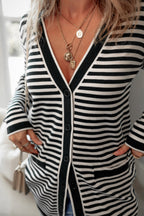 Black Striped Pocketed Button Long Cardigan