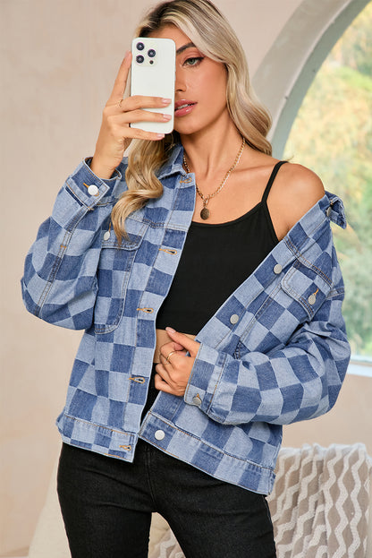 Light Blue Checkered Patchwork Button Up Denim Jacket