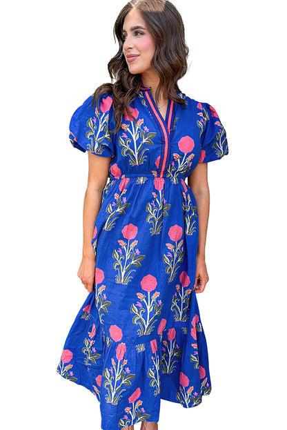 Sky Blue Floral Ruffle Hem Midi Dress