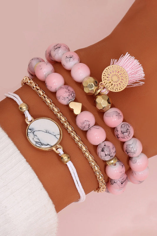 Pink Bohemian Heart Marble Bead Tassel Bracelet