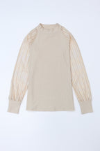 Black Basic Crew Neck Dressy Striped Mesh Long Sleeve Top