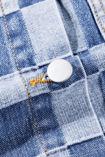 Light Blue Checkered Patchwork Button Up Denim Jacket