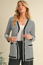 Black Striped Pocketed Button Long Cardigan