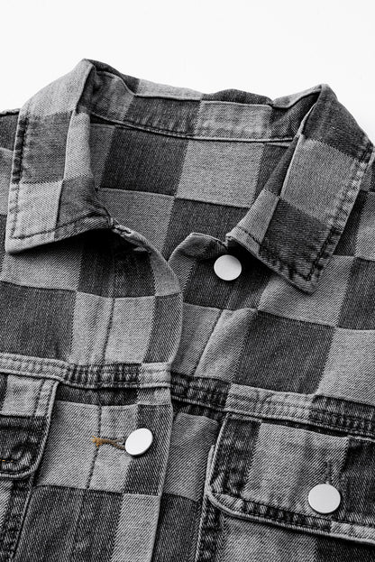 Light Blue Checkered Patchwork Button Up Denim Jacket