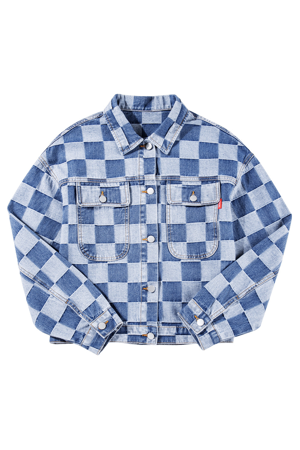 Light Blue Checkered Patchwork Button Up Denim Jacket