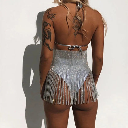 Rhinestone Lace Up High Waist Mini Skirt