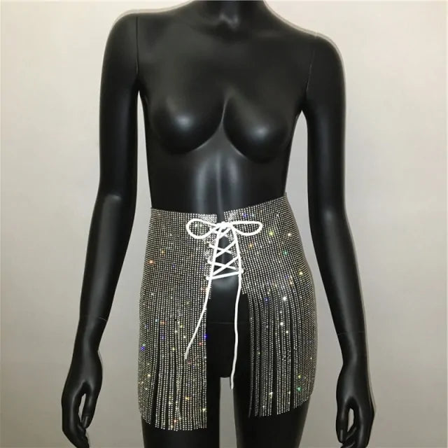 Rhinestone Lace Up High Waist Mini Skirt