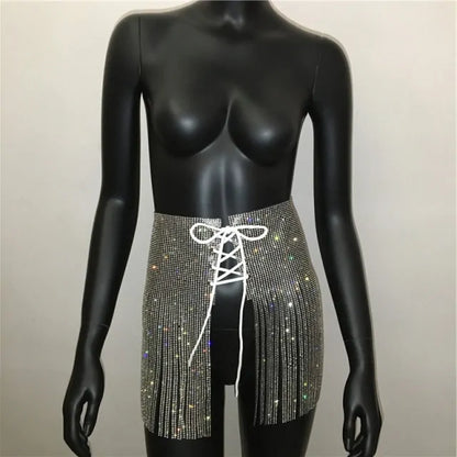 Rhinestone Lace Up High Waist Mini Skirt