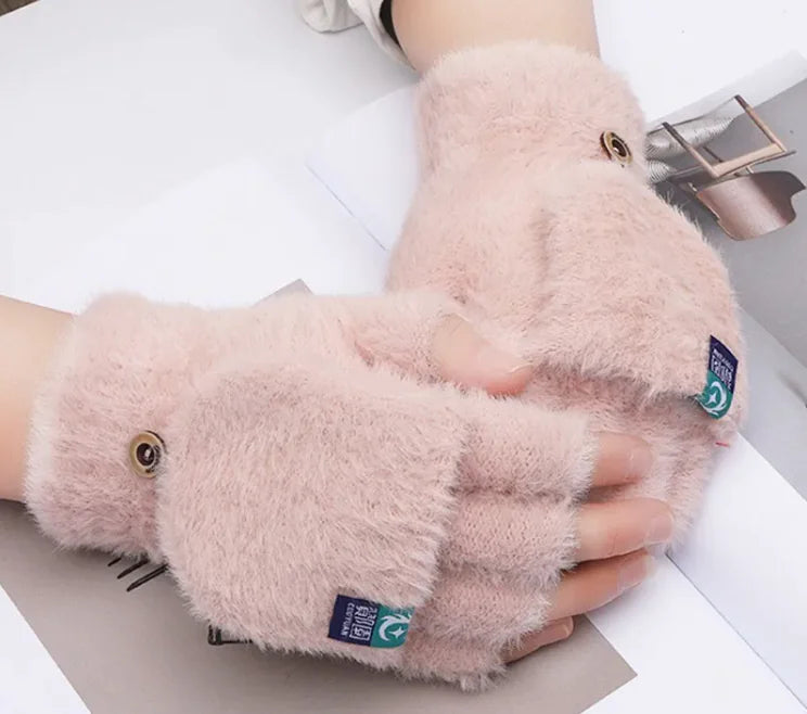 Plush Gloves Female Winter Warm Student Exposed Finger Flip Gloves Household