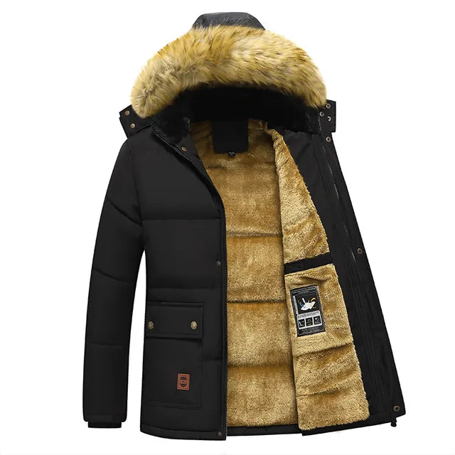 Windproof Fleece Thick Jacket Coat Men Fashion Hooded Fur Collar