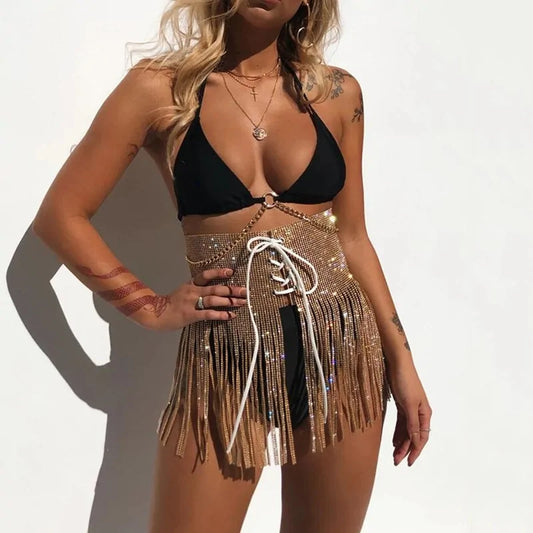 Rhinestone Lace Up High Waist Mini Skirt